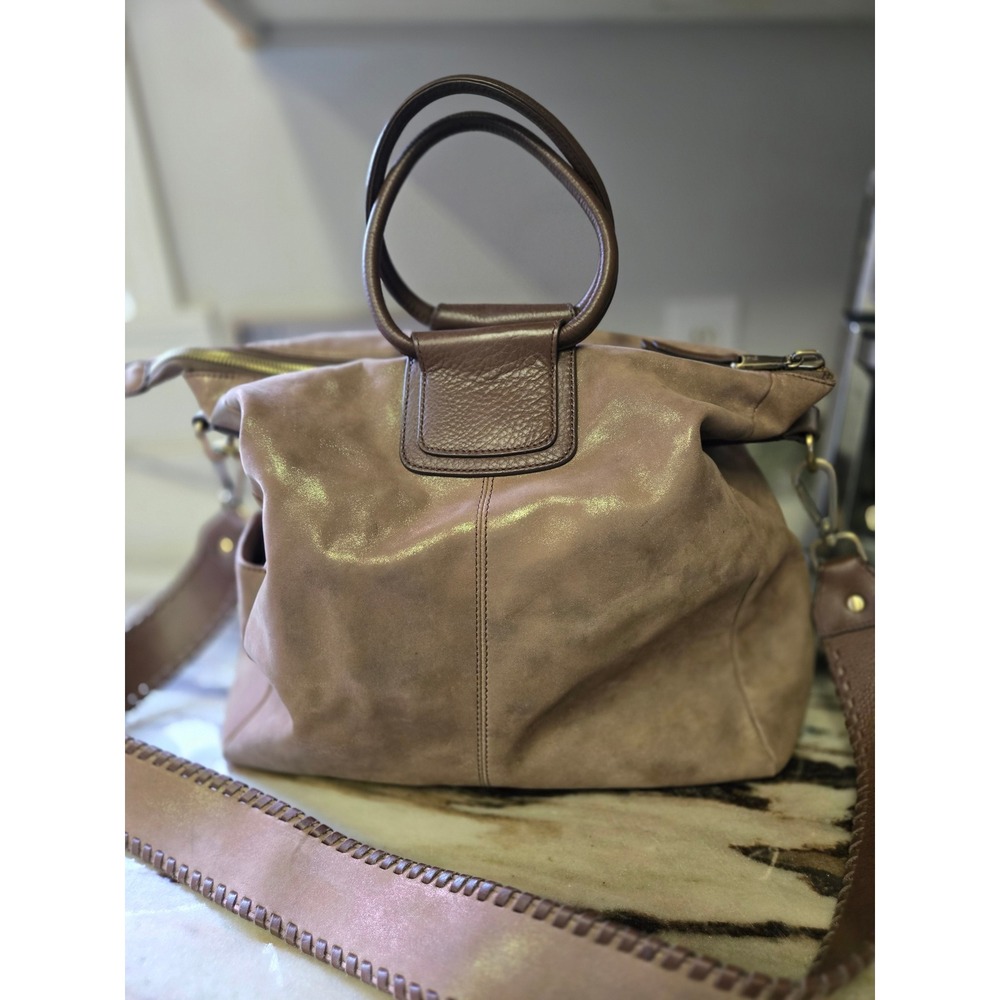 HOBO Taupe Metallic Leather Fringe Satchel Crossbody Velvet Hide Leather Western - Picture 3 of 16